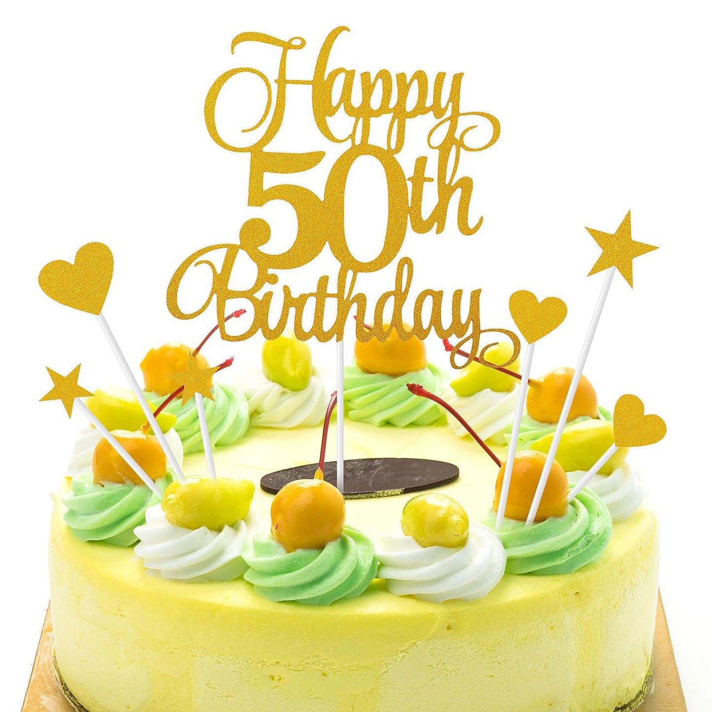 Tyqour 7Pcs Happy 50th Birthday Cake Toppers Glitter 50th Cake Toppers Heart Star Cupcake Toppers 50th Birthday Cake Decorations for Men Women 50th Birthday Anniversary Wedding Party Cake Decorations