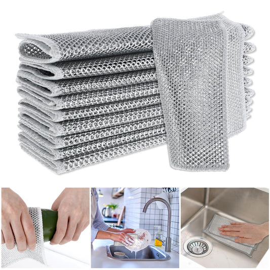 10 PCS Non Scratch Wire Dish Cloth, Multipurpose Wire Dishwashing Rags Cleaning Cloths Towels Steel Premium Scrubbing Wire Dishwashing Rags for Cleaning Grills Hobs Dishes Sinks Counters