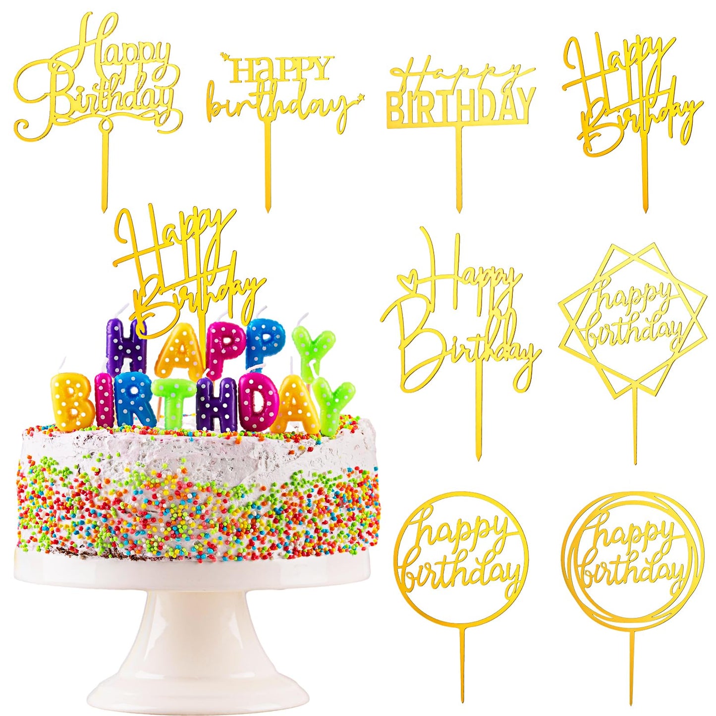 Tyqour 8Pcs Gold Happy Birthday Cake Topper, Acrylic Cake Topper, Glitter Cake Decorations for Girls Boys Kids Father Mother Birthday Party Decoration Supplies