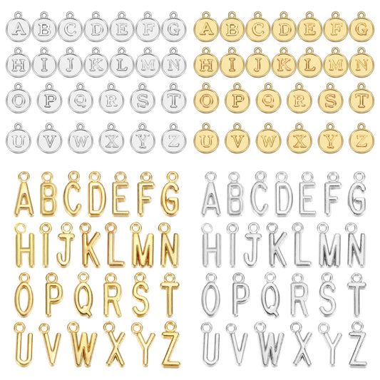 Xinjoduz 104 PCS/4 Sets Letter Charms, 2 Styles Silver and Gold Letter Charms for Jewelry Making Capital A-Z Initial Charms Alphabet ABC Pendant Charms for Necklaces Bracelets DIY Crafting
