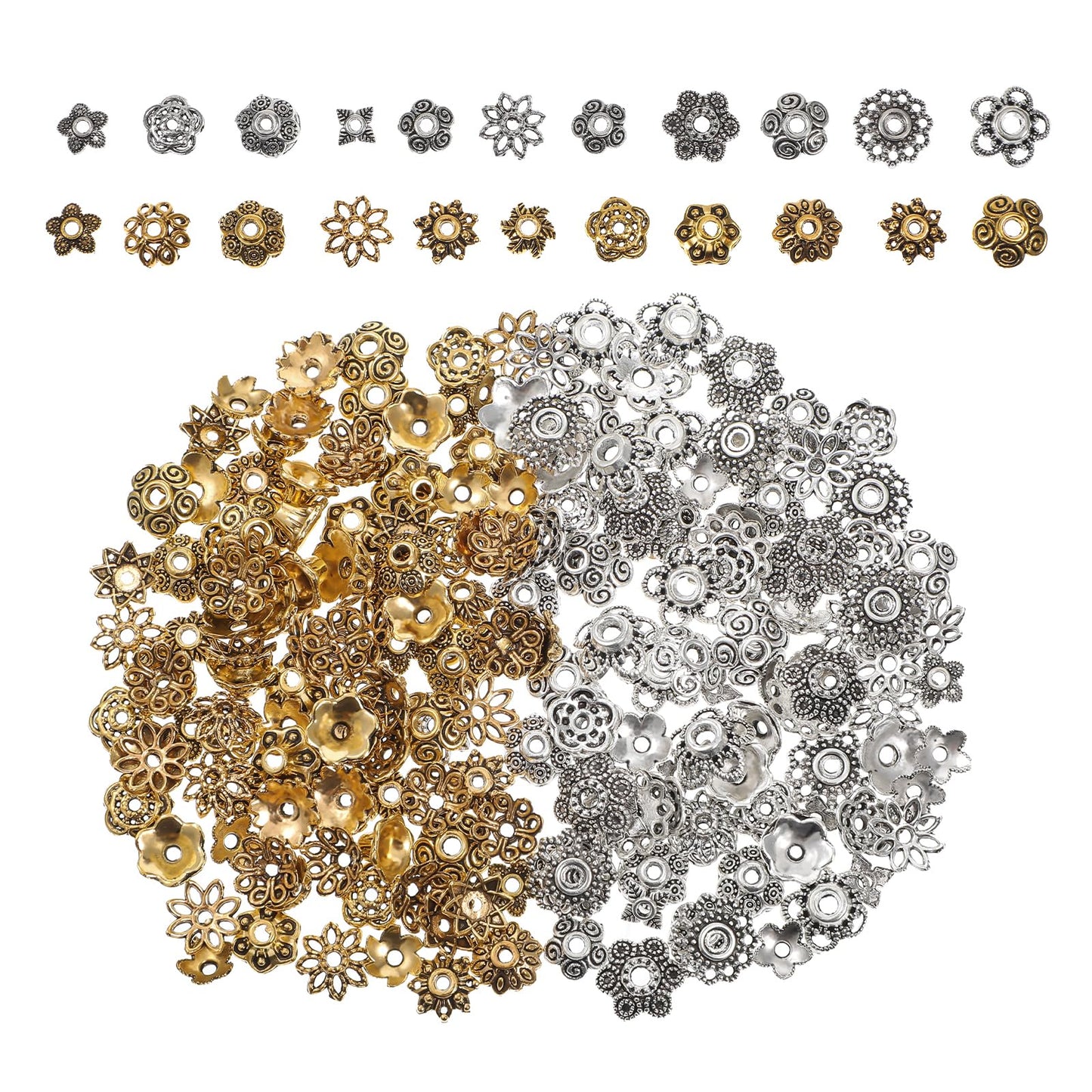 160Pcs 11 Styles Spacer Beads Caps Antique Gold and Silver Flower Bead Caps Vintage Ring Spacer Caps for DIY Bracelet Necklace Earrings Jewerly Making Supplies
