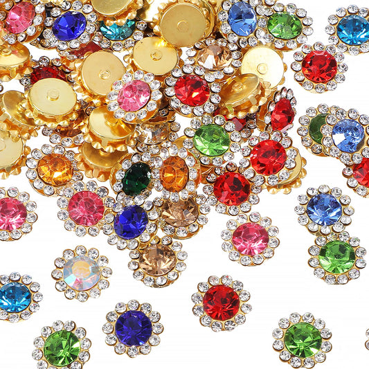 100 Pcs 12mm Flower Claw Rhinestones Gold Base Crystals Stones Beads Trim Sew On Rhinestones Flatback for Clothes Shoes Earring Belt Crafts Sewing Accessories (Mixed Colors)