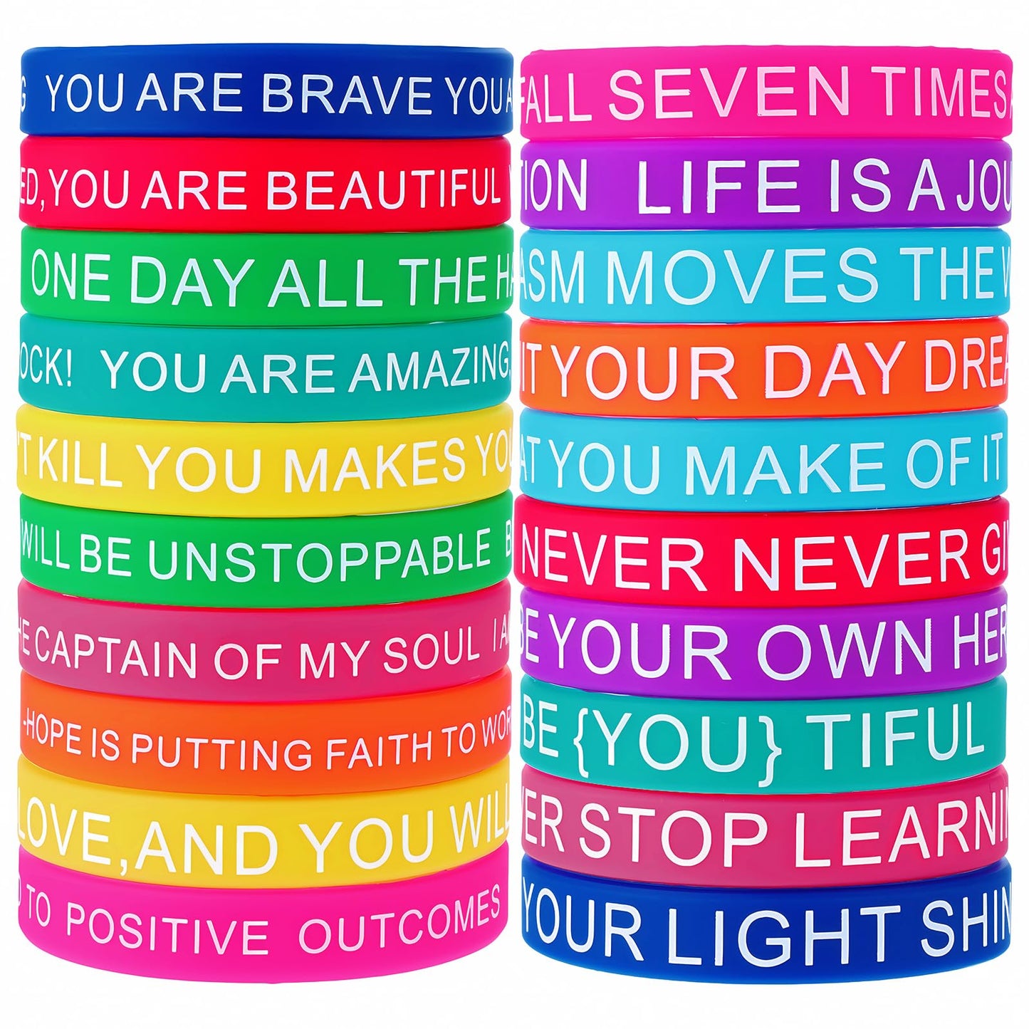 Mabor 20Pcs Motivational Rubber Bracelets, Color Inspirational Quote Silicone Wristbands for Classroom Prizes Stretch Wristbands for Kids Teens Men Women