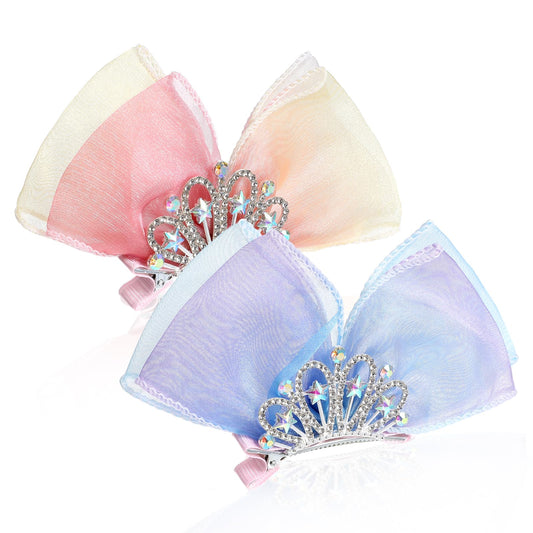 2 PCS Crown Bow Hair Clips Crown Shaped Hair Barrettes Cute Mini Crown Clips Princess Hair Bows Diamond Crown Hair Bows Princess Headband for Girls Kids Birthday Christmas Gift (Blue Pink)