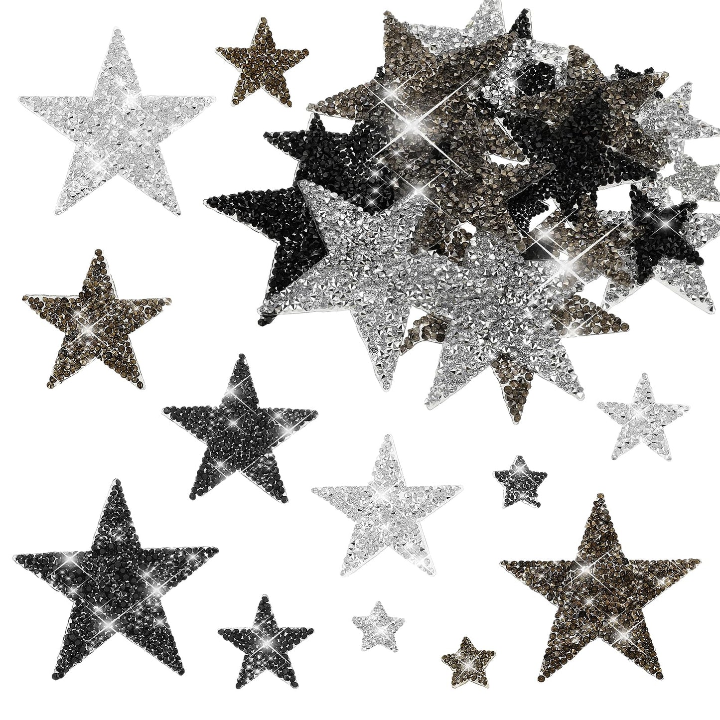 24PCS Star Iron on Patches, Iron on Silver Stars Iron on Rhinestone Applique Star Patches Iron on Stars Appliques for Clothing Jeans Shoes Bags Repair Decoration (2/4/6/8 cm)