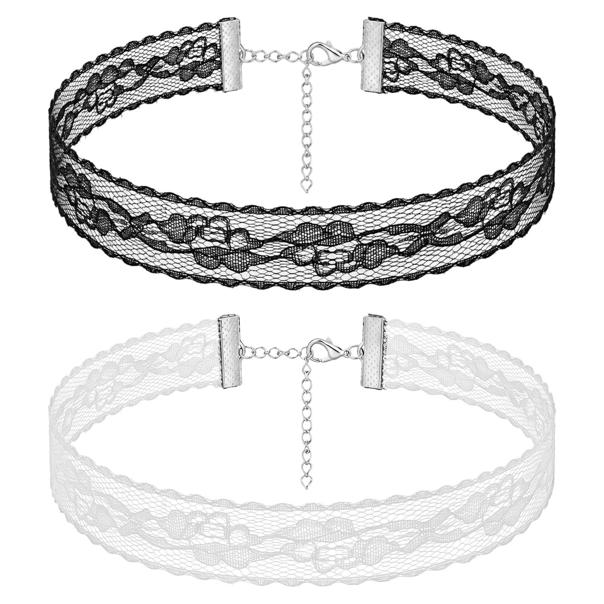 Chsoejuf 2PCS Wide White Black Lace Choker with Adjustable Extender Chain