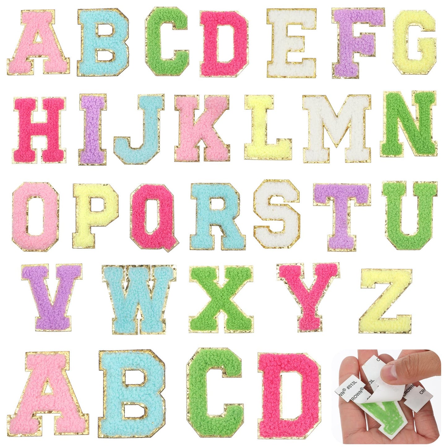 26 PCS Iron on Letters for Clothing, Chenille Letter Patches 2 Inch A-Z Glitter Letter Iron on Patches Chenille Embroidered Alphabet Patches for Clothing Sweatshirt Jackets Hat (Colorful, Gold)