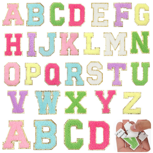 26 PCS Iron on Letters for Clothing, Chenille Letter Patches 2 Inch A-Z Glitter Letter Iron on Patches Chenille Embroidered Alphabet Patches for Clothing Sweatshirt Jackets Hat (Colorful, Gold)