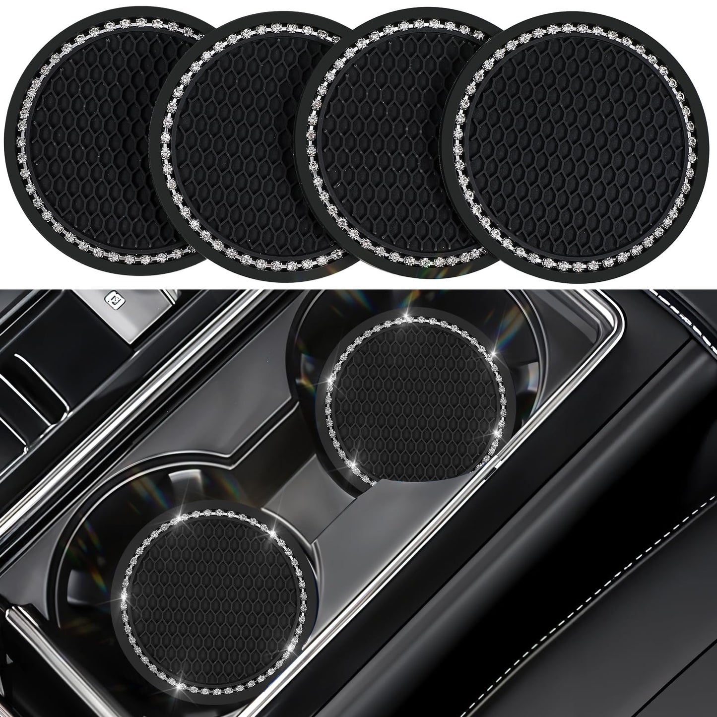 Nogeqi Pack of 4 Black Car Coasters, 7 cm, Drink Holder Coaster with Diamond, Universal Non-Slip Cup Holder, Bling Car Cup Coaster Elegant for Car Accessories, Interior, Women