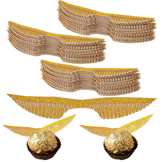 Teaaha 50PCS Golden Snitch Wings, Golden Snitch Cake Topper Wizard Golden Wings Party Wings Chocolate Decoration Cupcake Toppers with Glue Point for Decorating on Chocolates, Candies, Birthday Cakes