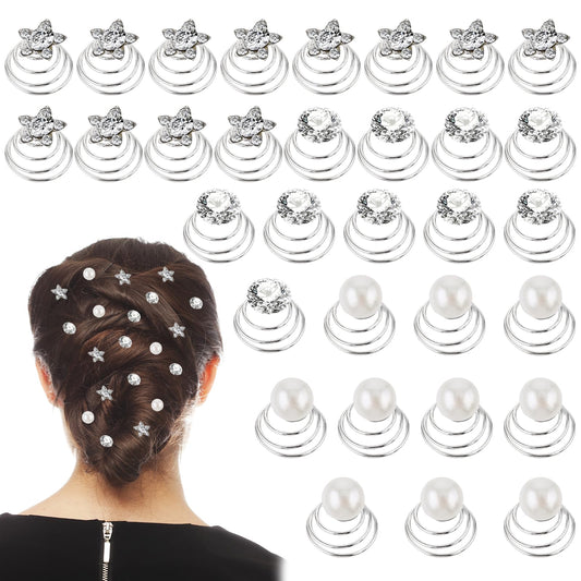 30 PCS Rhinestone Spiral Hair Pins 3 Styles Crystal Twisters Spiral Set Hair Rhinestone Pearl Hair Pin Diamond Pearl Flower Jewels Hair Pins Accessories for Wedding, Bridal, Prom, Party