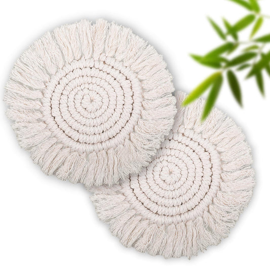 2 PCS Boho Coasters Woven Coasters Cotton Coasters Boho Macrame Coasters Set Farmhouse Handmade Woven Macrame Coaster with Tassel for Mugs Cups Coffee Home Kitchen Office Wooden Table Decor (White)