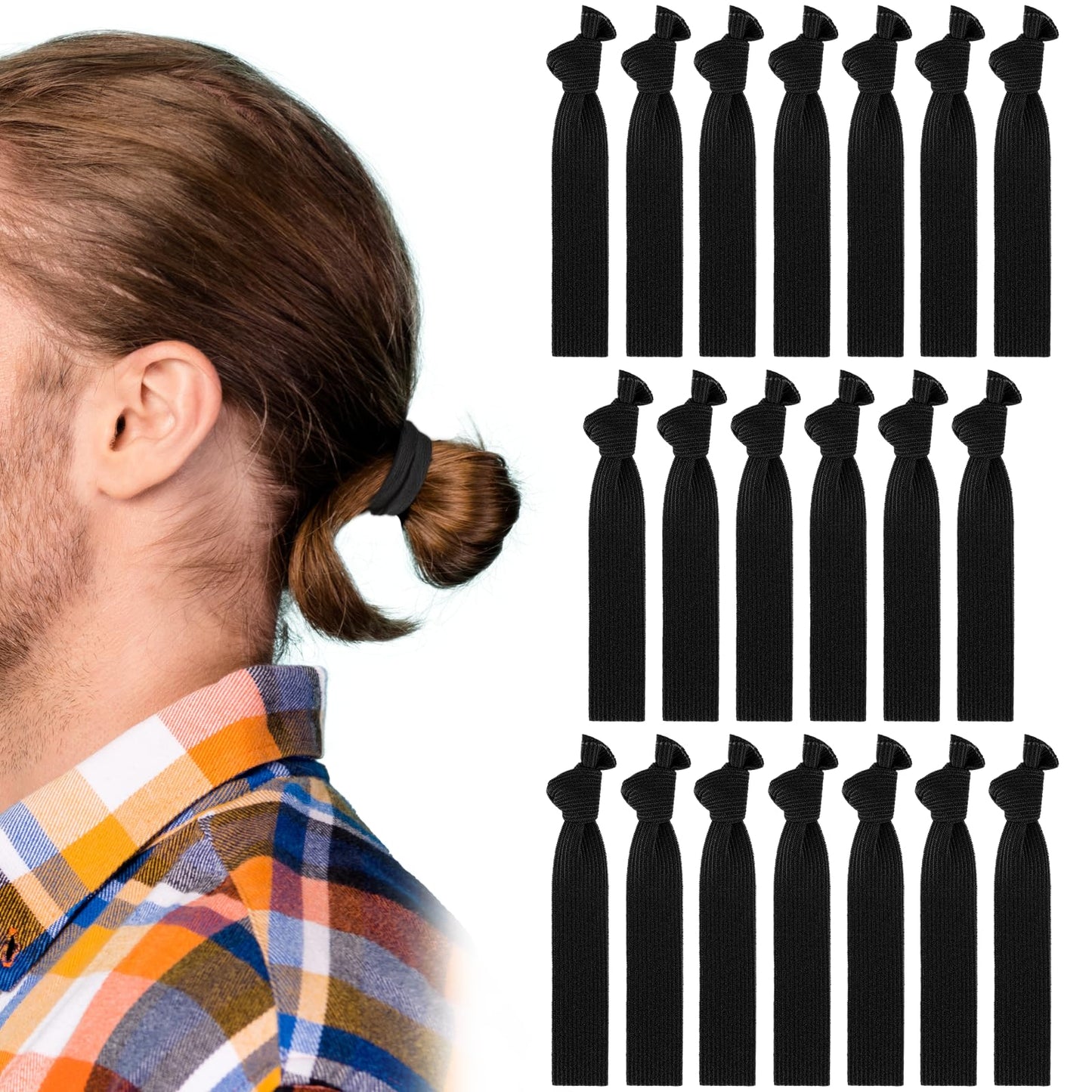 Xinjoduz 20 PCS Hair Ties for Men, Black Elastic Hair Ties No Damage Knotted Hairband for Men Flat Ribbon Ponytail Holders for Long Curly Thick Hair