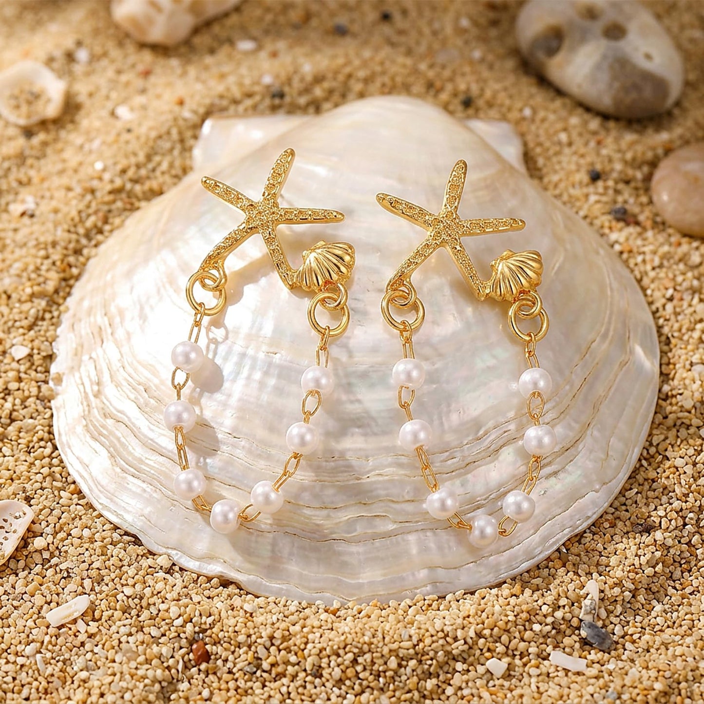 Chsoejuf 2PCS Gold Seashell Starfish Earrings Beach Shell Earring for Women