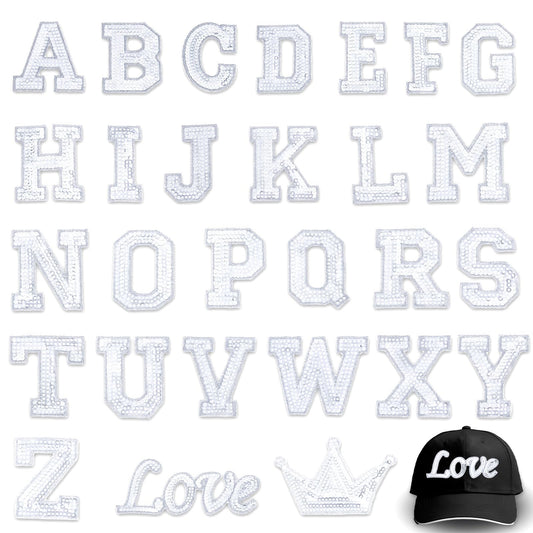28 Pcs Sequin Iron On Letters Glitter Sew Hotfix Letter Patches A-Z Alphabet Sequin Letter Patches Sparkle Iron On Letters for Hats Bags Shirts Shoes DIY Craft Supplies(Silver)