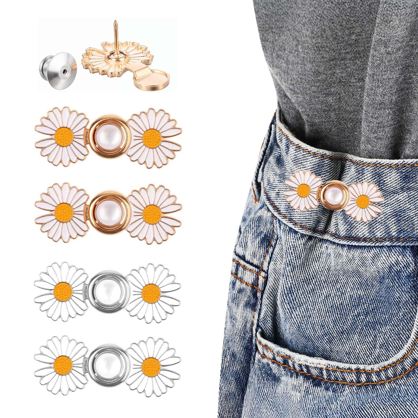 4 Pack Flower Jeans Button Pant Waist Tightener Daisy Flower Instant Pants Button Tightener Detachable Jean Buttons for Loose Jeans No Sew and No Tools Adjustable Waist Tightener for Women