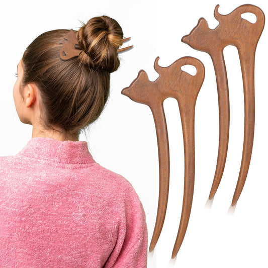 Tyqour 2Pcs U Shape Wooden Hair Sticks for Women Handmade Carved Hair Stick Pin with Cute Cat Design French Hair Forks Vintage Wood Hair Pins for Styling Chignon Bun Updo Hairstyle Accessories