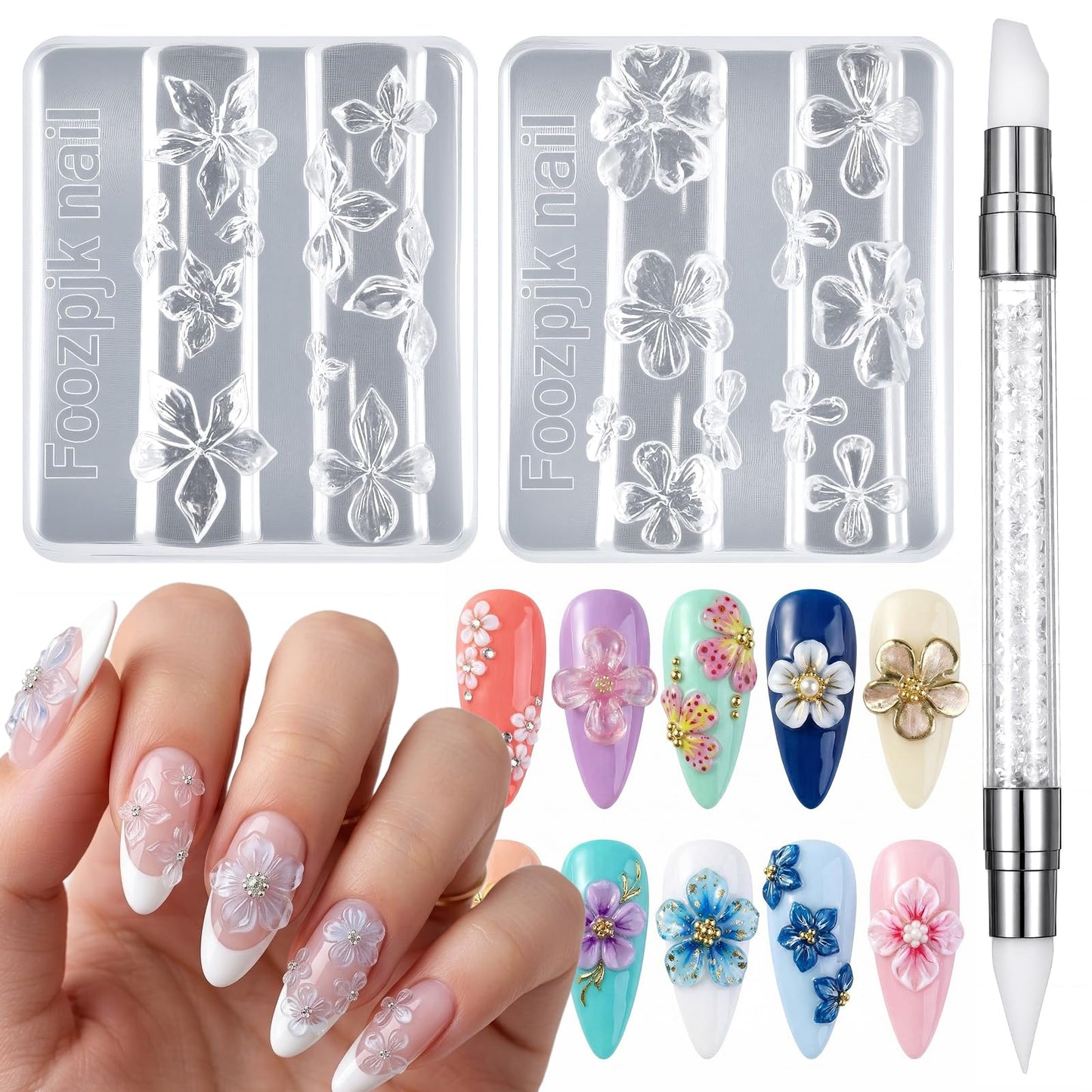 Ymapinc 2Pcs Silicone Nail Art Molds, 3D Silicone Flower Molds for Women DIY Art with 3D Nail Gel Sculpting Gel & Carving Pen