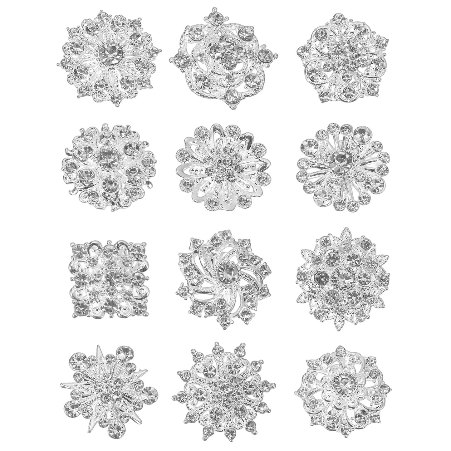 Nogeqi Pack of 12 Crystal Rhinestone Brooches for Clothing, Silver Brooch Women's Rhinestone Flower Brooch Small Brooches & Pins for Women Bridal Wedding Bouquet Brooch Corsage Dress