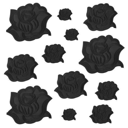12 Pack Black Rose Iron on Patches - Embroidered Flower Appliques for Clothes, Multi-Size Fabric Patches to Sew or Stick on Jackets, Jeans, Sweaters, Hats, Shoes & Bags