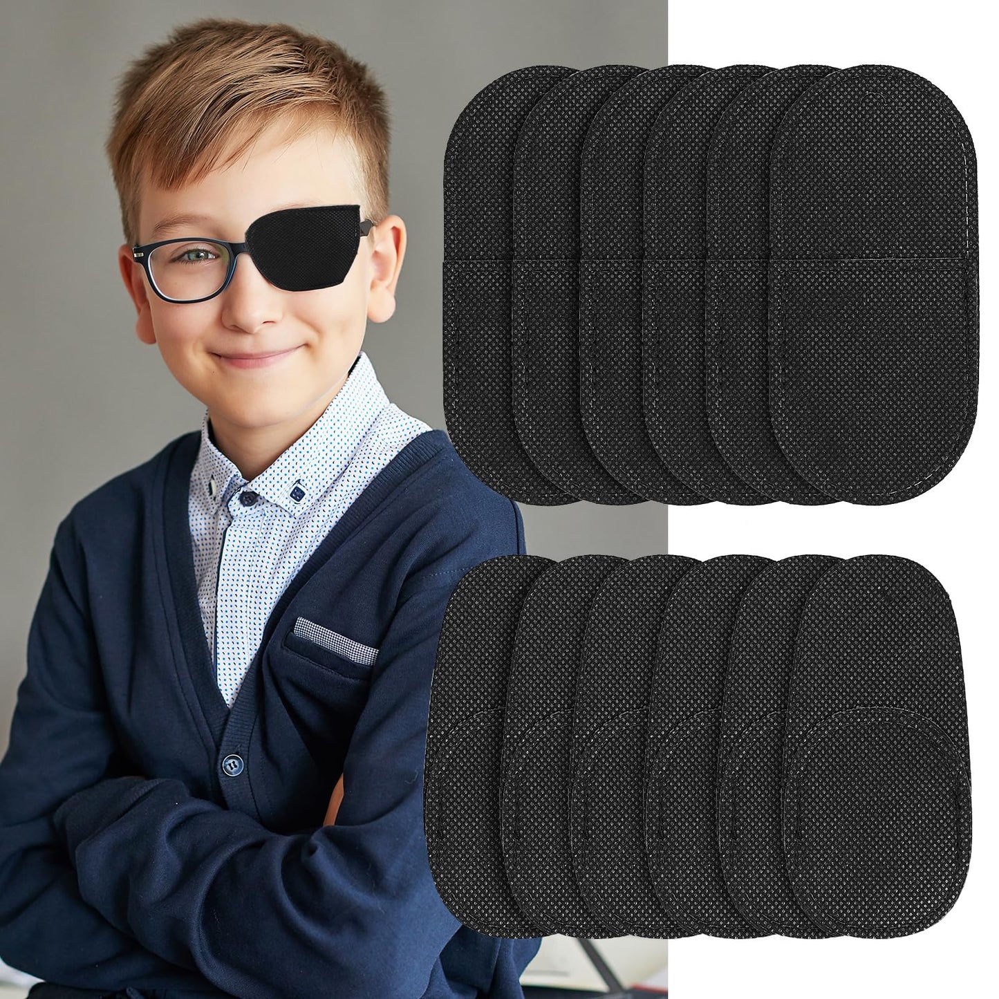 12Pcs Eye Patches for Kids, Mabor Black Kids Eye Patch for Treat Lazy Eye Amblyopia Strabismus Breathable Non-Woven Fabric Eye Patch for Right Left Glasses