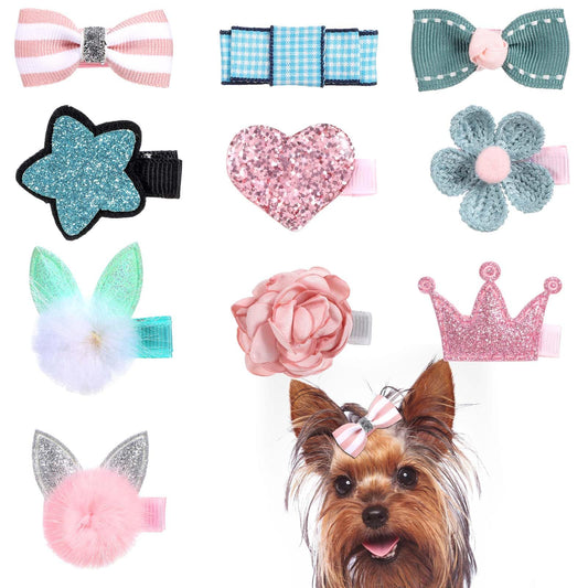 10 PCS Dog Hair Bows, Small Dog Hair Clips with Rubber Bands Cute Puppies Hair Barrettes Flower Crown Hairpin Bowknot Top Knot Dog Grooming Hair Accessories for Yorkie Puppy Maltese Girls Pets (Pink)