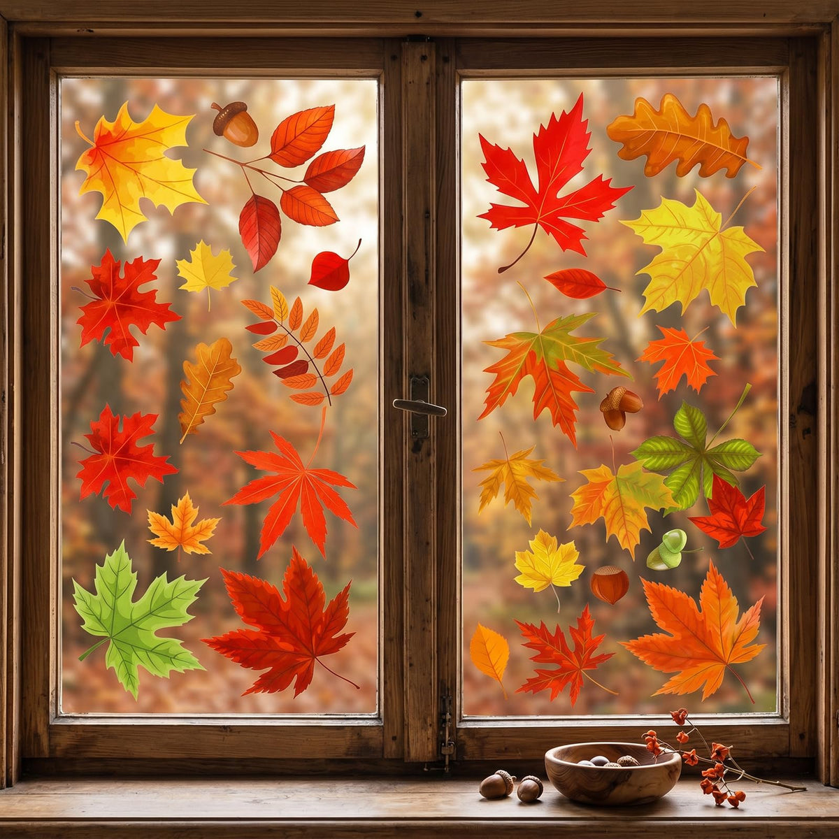 Chsoejuf 6 Sheet Fall Window Clings Double Sided Nuts Maple Leaf Fall Decor