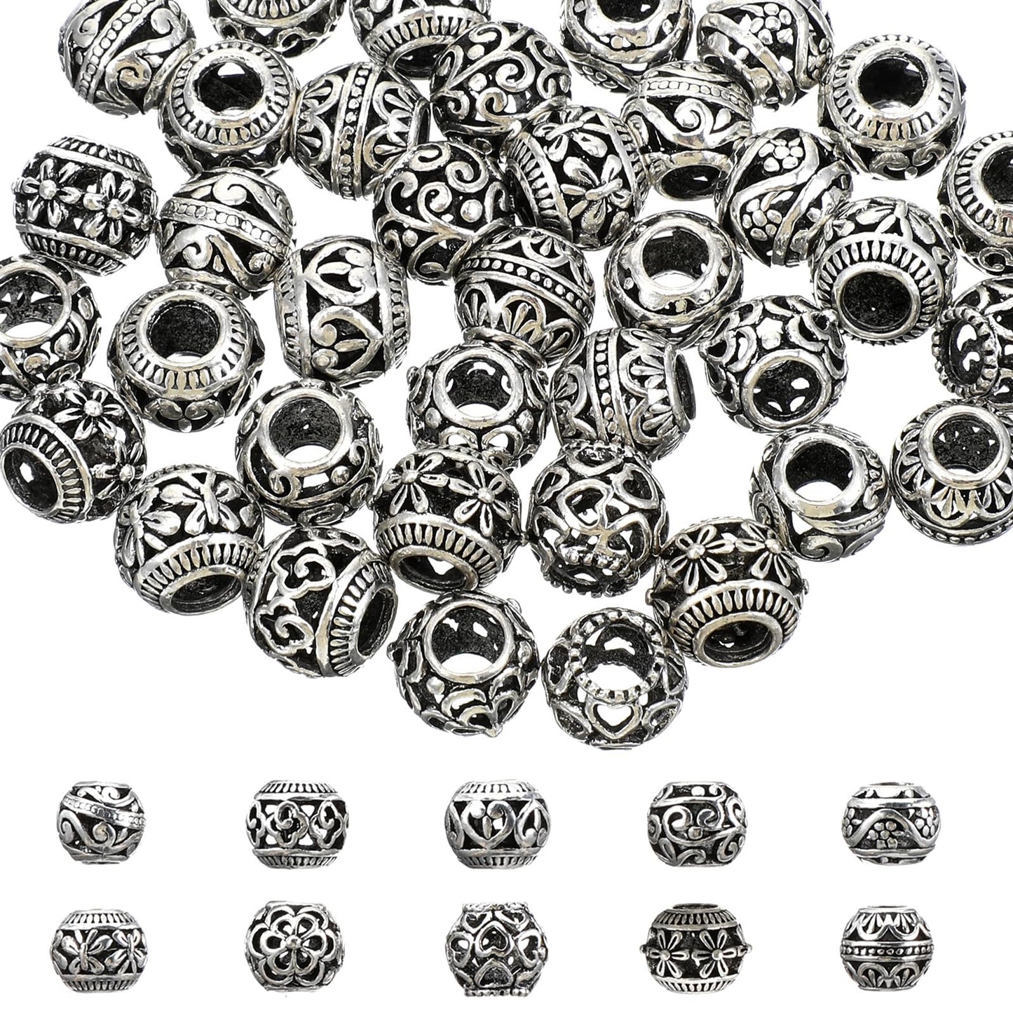 40 Pcs Spacer Beads Silver Tone Spacer Loose Beads Small Seed for Bracelets Silver Plated Crystal Rhinestone Hollow Filigree Tibetan Alloy Tiny Metal for Bracelet Jewelry Making