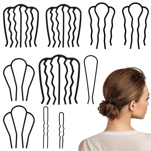 10Pcs Hair Combs Side for Women, Mabor U Shaped French Twist Hair Pin Comb for Women Girls Hair Fork Clips for Vintage Hair Styling Accessories-Black,5 Size