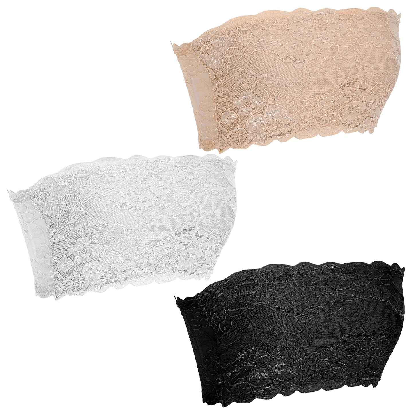 Ouligay 3 Pcs Lace Tube Top Bra Strapless Lace Bandeau Bra for Low Cut Dress, Stretch Strapless Bralette, Cleavage Cover up for Low Neckline, Women's Floral Bralette Bandeau Bras (Black, White, Beige)