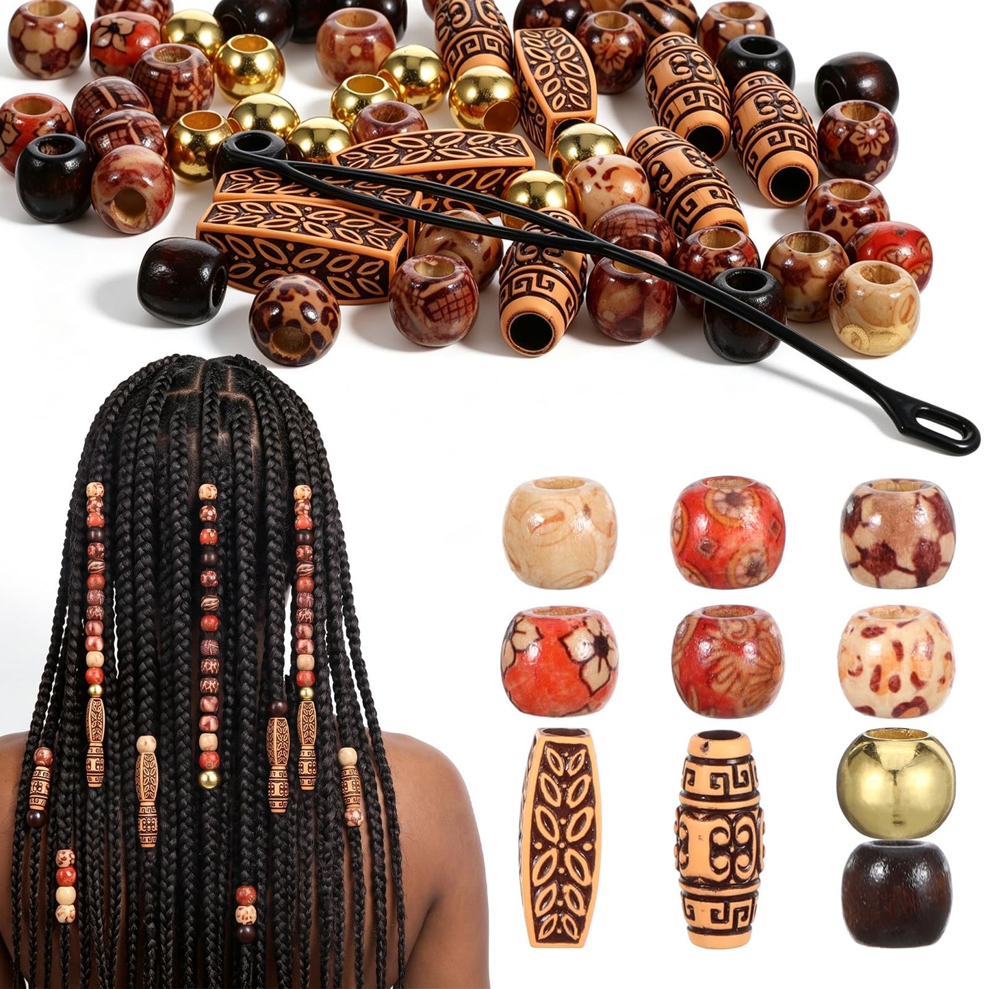 60pcs Wood Hair Beads Wooden Loc Dreadlock Bead Hair Jewelry Accessories