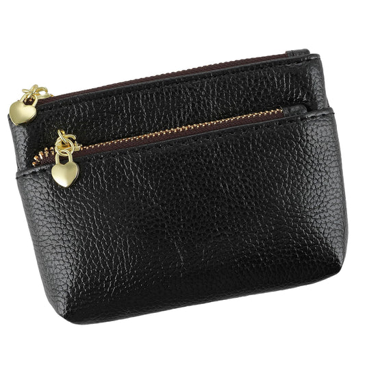 1 PCS Small Coin Purse Women, Genuine Leather Zipper Change Pouch Portable Coin Pocket Wallet Credit Card Id Key Headset Lipstick (Black)