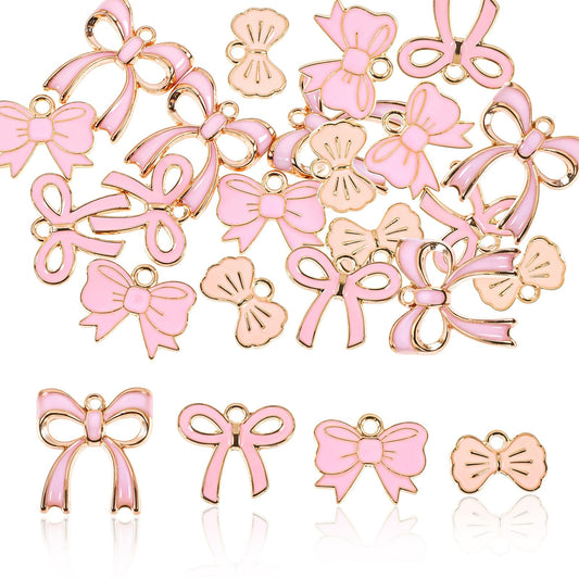 20 Pcs 4 Style Bow Charms for Jewelry Making Bowknot Charms Bulk Bow Knot Enamel Charms Pink Bow Tie Kawaii Dangle Pendants Romantic Enamel Flat Bowknot Charms for Women Necklace Bracelet DIY Crafts