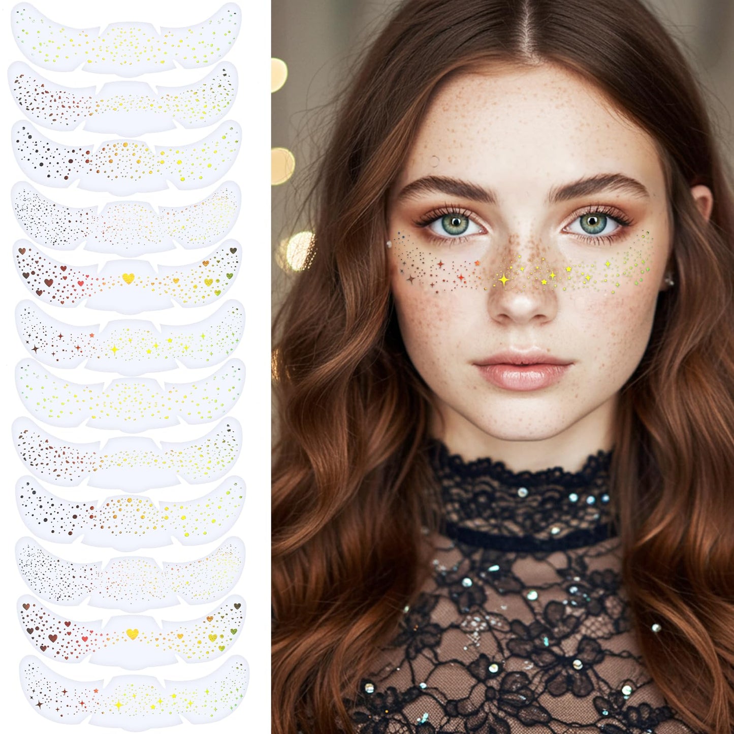 Nogeqi 12 PCS Holographic Multichrome Glitter Freckles Face Tattoo, Cute Sparkle Freckles Temporary Tattoos Waterproof for Women, Face Glitter Speckles Patches Makeup Accessories for Festival Rave