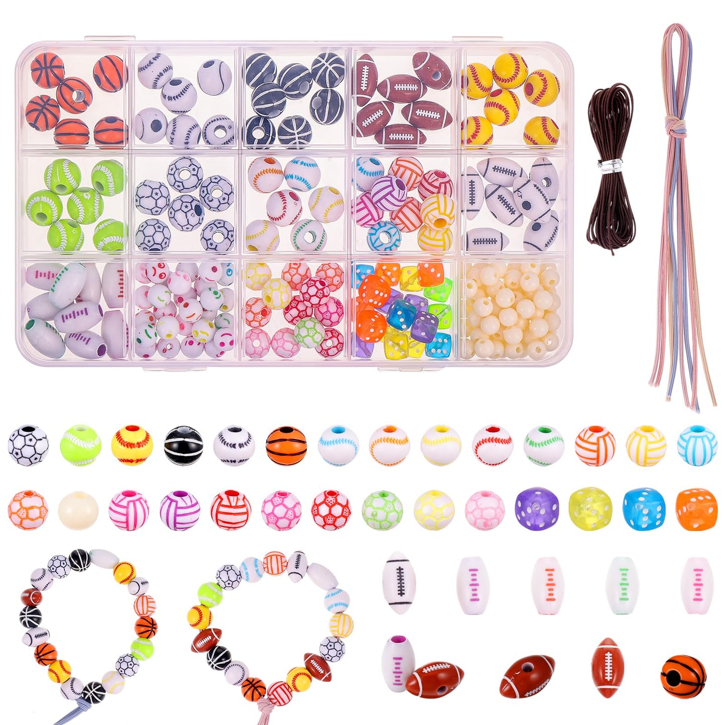 Tyqour 180 Pcs Sports Ball Beads for Jewelry Making, Acrylic Baseball Beads for Bracelets with Box Sports Crafts Bracelet Making Kit for Boys Softball Beads Basketball Charms 15 Styles for DIY Crafts