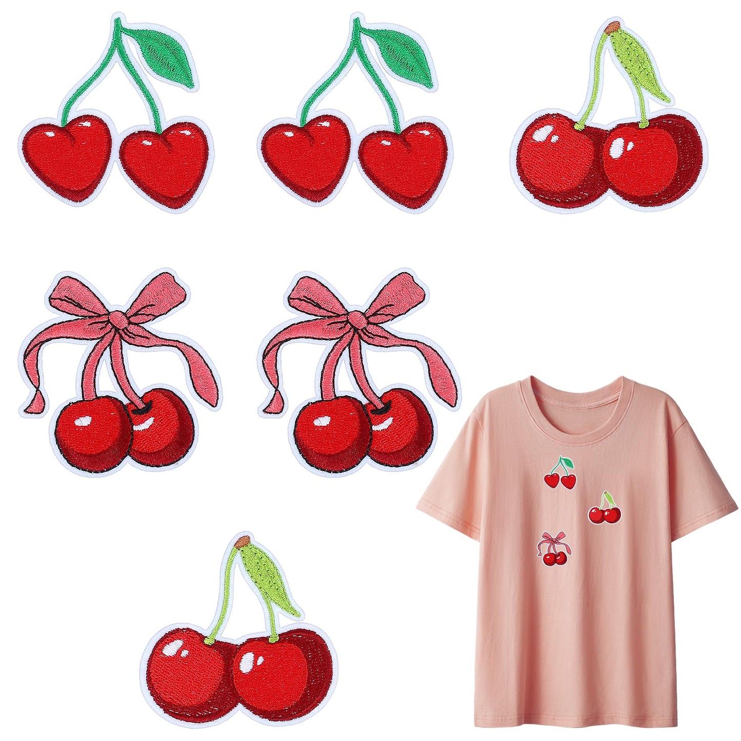 6PCS Iron on Patches Cherry Cute Fruit Patches for Clothes DIY Red Bow Patch Sew on Repair Crafts Accessories Gifts for Girls Women Clothing Jackets, Jeans, Hats (2.6×2.52 Inches)
