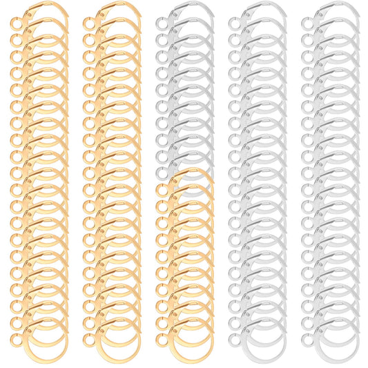 100PCS Earring Hooks for Jewelry Making, Leverback French Earrings Hooks Hypoallergenic Huggie Hoops Earring Backs with Jump Rings, Dangle Earring Hook Findings Earring Supplies(Gold, Silver)