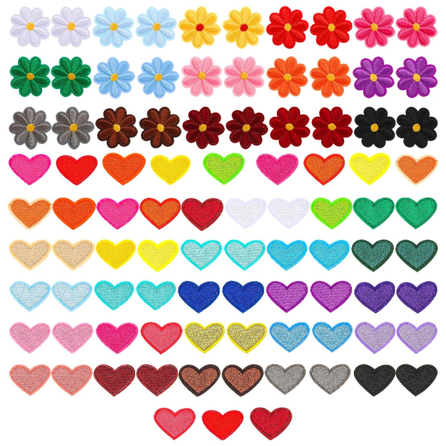 92 PCS Flower Iron on Patches Heart Patches Iron on Colorful Sew Iron on Patches Mini Embroidery Applique Patches Cute Daisy Flower Embroidery Patches for Clothes Dresses T-Shirts DIY Backpacks Shoes