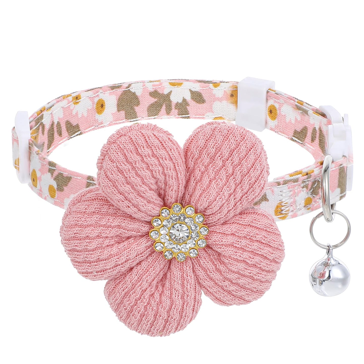 Cat Collars Breakaway Cat Collar with Bells, Rhinestone Flower Kitten Collar with Bell, Floral Pet Collar with Safety Buckle for Cats and Puppy Dog(8.6-11")