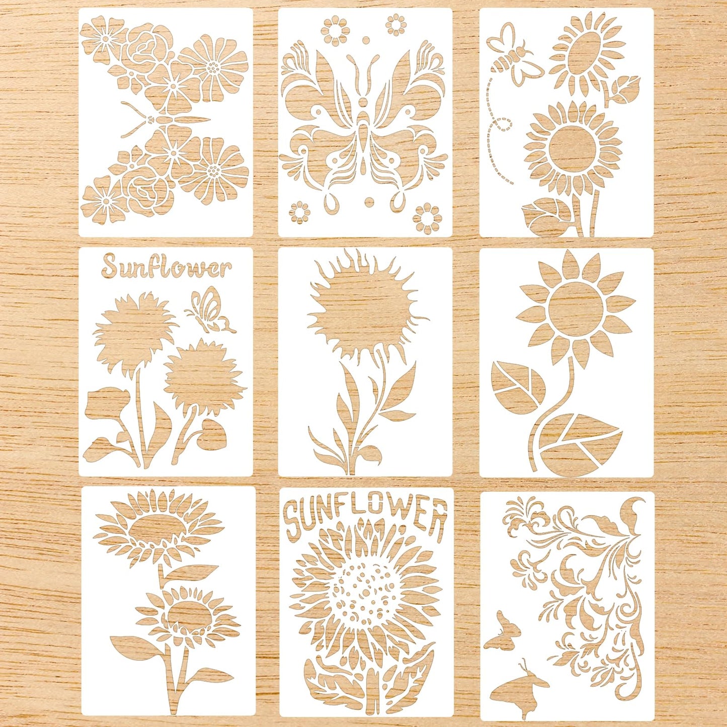 9PCS Flower Stencils for Painting, Reusable Butterfly Sunflower Maple Plastic Art Drawing Templates for DIY Crafts Scrapbook Notebook Window Wall Home Wood Sign Decor(11×8.2 in)