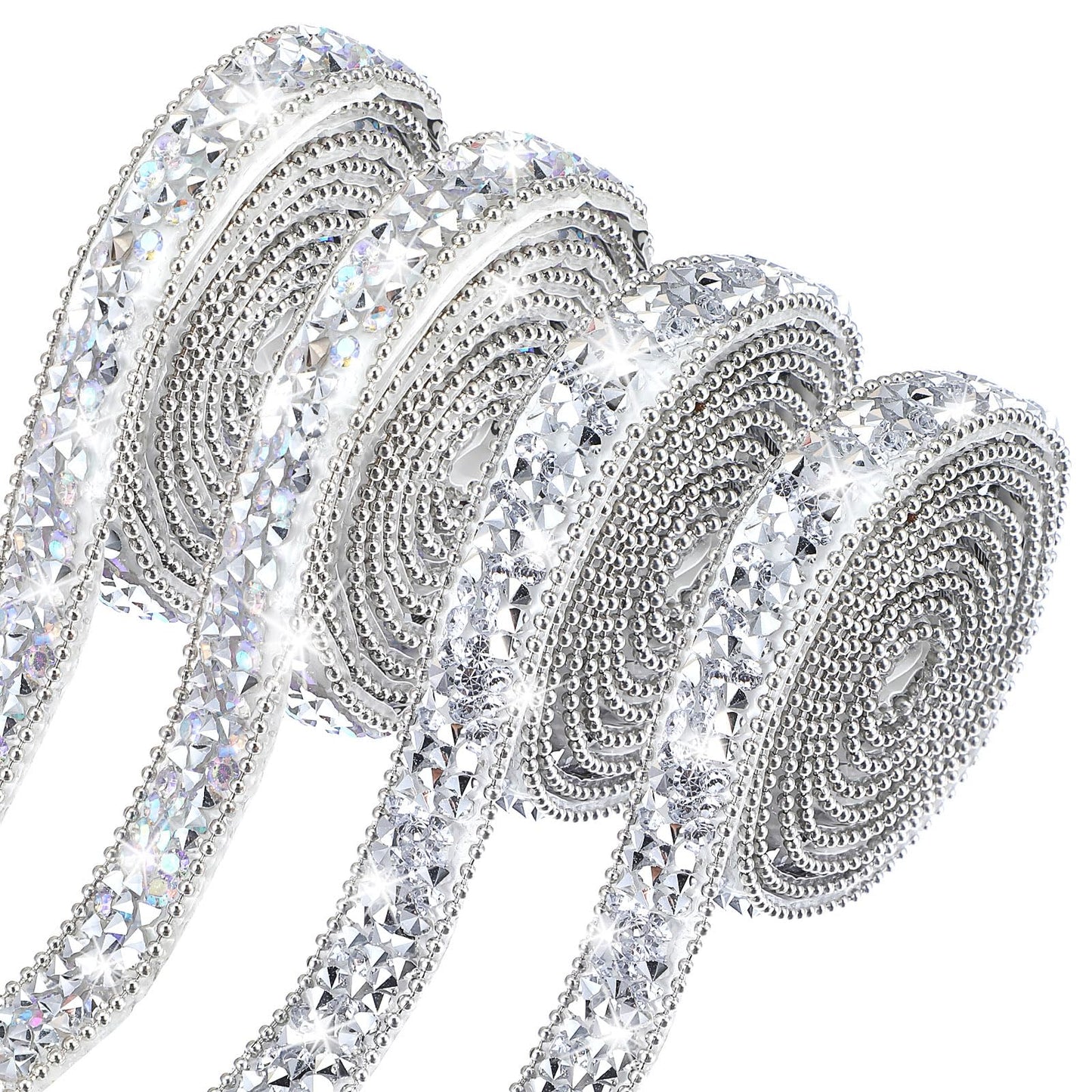 4 Rolls Rhinestone Strips Self Adhesive Rhinestone Ribbons Sliver Glitter Plastic Diamond Crystal Ribbon Roll Stickers for Crafts Fabric Car Interior Clothes Shoes DIY Crafts Decoration