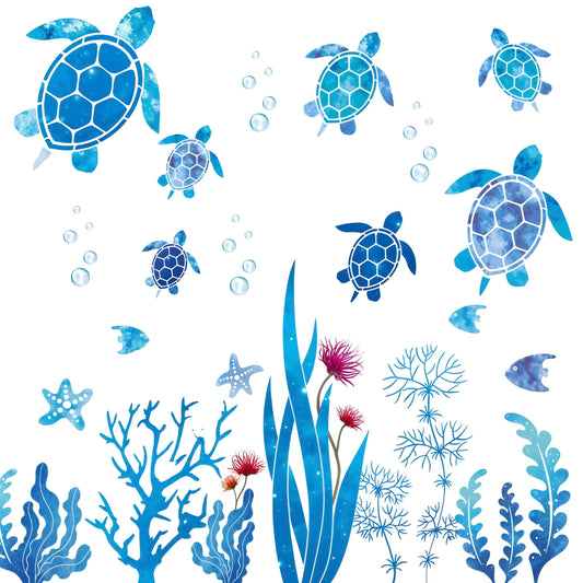 2 PCS Sea Turtle Bathroom Decor, Bathroom Ocean Wall Stickers, Ocean Turtle Vinyl Stickers Waterproof Wall Sticker Decoration for Home Office Nursery Room Toilet (Blue Green)