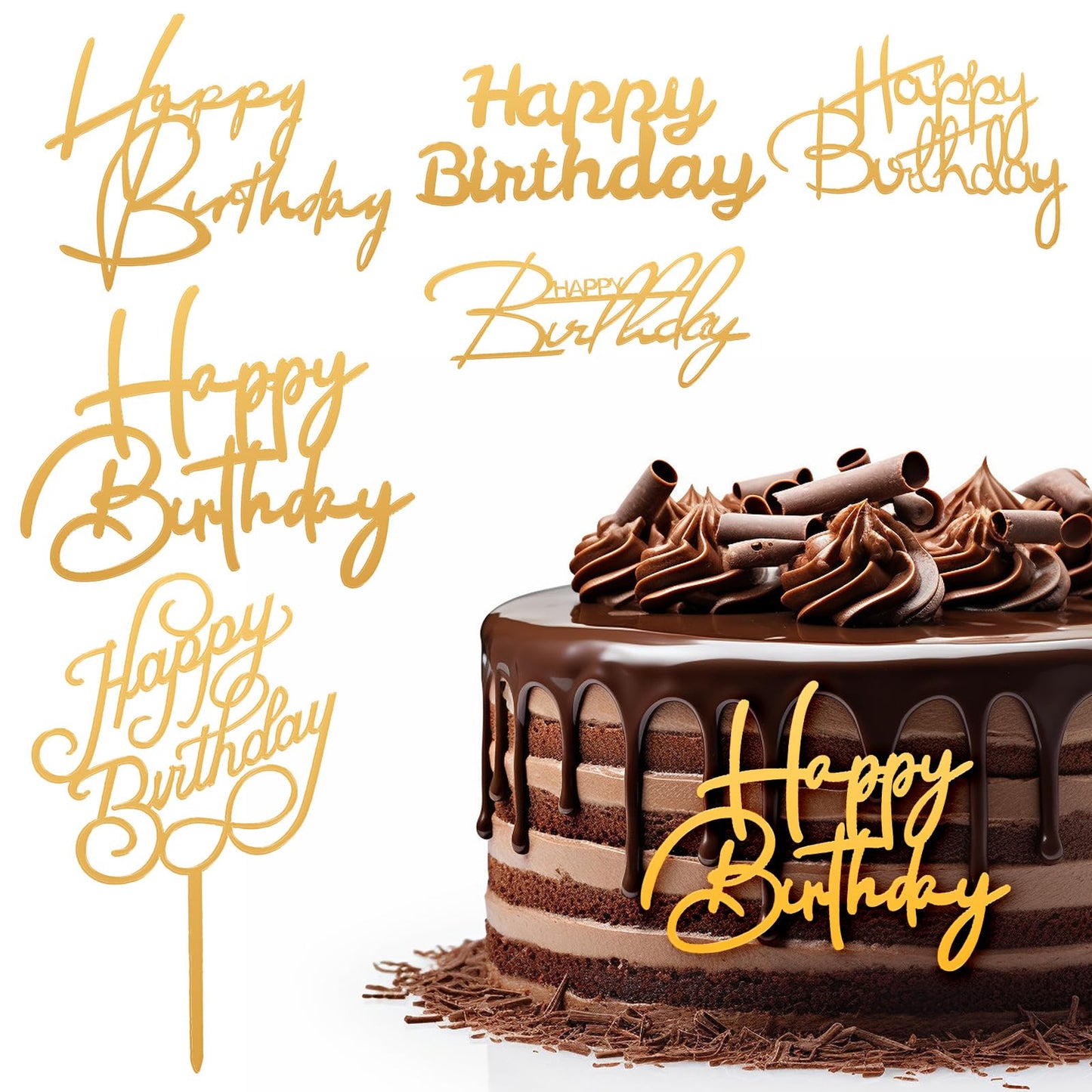 Tyqour 6pcs Gold Happy Birthday Cake Toppers Glitter Side Mirror Acrylic Cake Topper Personalised Cake Topper Happy Birthday Cupcake Toppers Cake Decorations for DIY Birthday Cake Decor