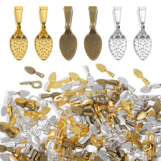200 PCS Glue on Bails 0.59" Shovel Pendant Bails Jewelry Bales for Pendants Spoon Metal Earring Bail Flat Pad Necklace Finding Glue on Pinch Bail for Jewelry Making Earring DIY Crafts (Color Mixing)