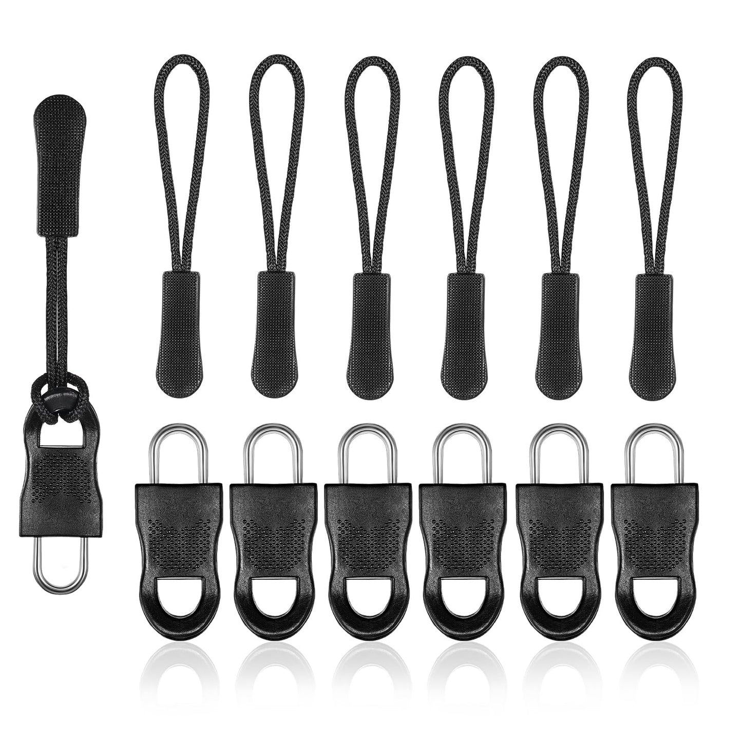 Tyqour 12pcs Universal Paracord Zipper Pull, Removable Zipper Pull Tab, Zipper Pulls, Broken Zipper Pull Replacement for Jackets, Luggage, Backpacks, Purses, Boots, Pants(2 Styles, Black)