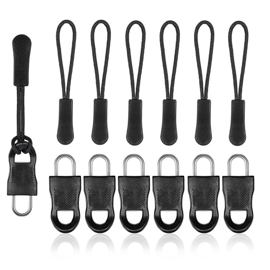 Tyqour 12pcs Universal Paracord Zipper Pull, Removable Zipper Pull Tab, Zipper Pulls, Broken Zipper Pull Replacement for Jackets, Luggage, Backpacks, Purses, Boots, Pants(2 Styles, Black)
