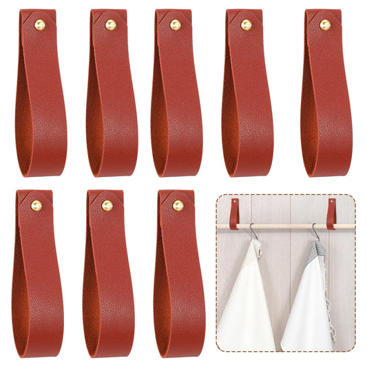 Xinjoduz 8 Pcs Leather Curtain Rod Holder Leather Straps for Hanging Brown Leather Hooks Wall Mounted Leather Loop Decorative Leather Strap Wall Hooks with Screws for Bathroom Kitchen Bedroom
