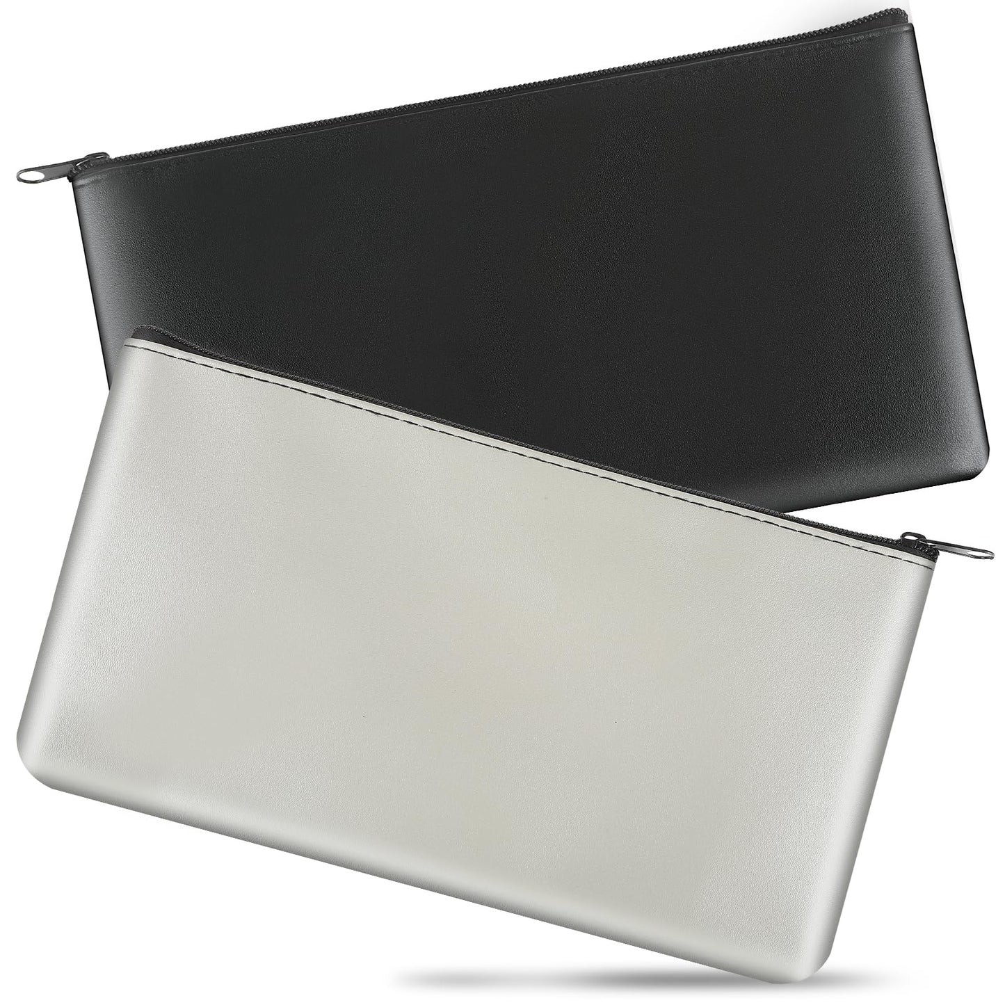 2 PCS Money Bags 11x6.1 Inch with Zipper PU Leather Coin Bag for Cash Money Pouch Bank Deposit Bags with Zipper for Cash Coins Cosmetics Bills(Black+ Gray)