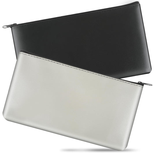 2 PCS Money Bags 11x6.1 Inch with Zipper PU Leather Coin Bag for Cash Money Pouch Bank Deposit Bags with Zipper for Cash Coins Cosmetics Bills(Black+ Gray)