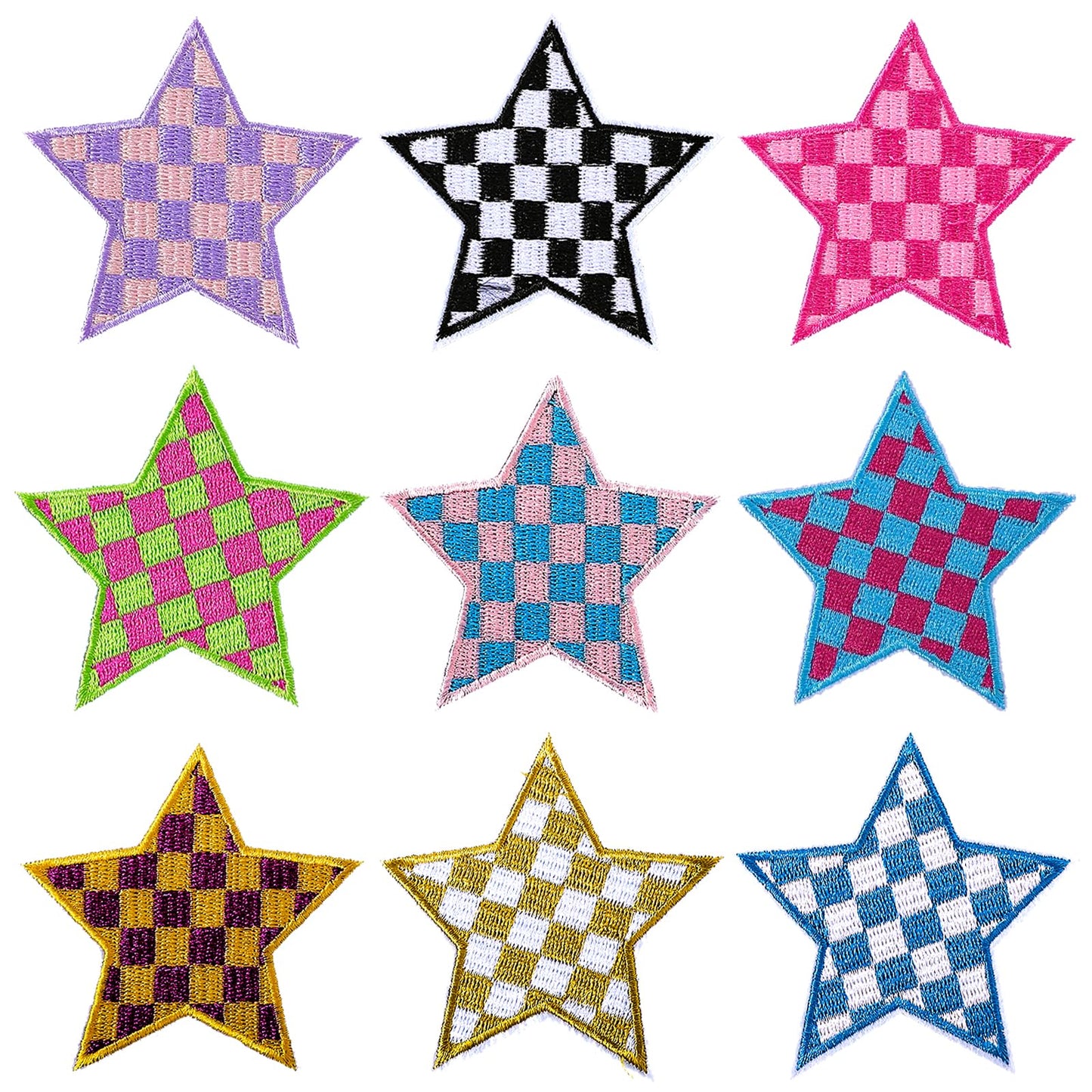 9 Pcs Star Patches Iron on Multicolour Classic Checkered Applique Decorative Star Shaped Plaid Patches Five-Pointed Star Racing Day Checkered Embroidery Patches for Clothes Jacket Denim Jeans Shirt